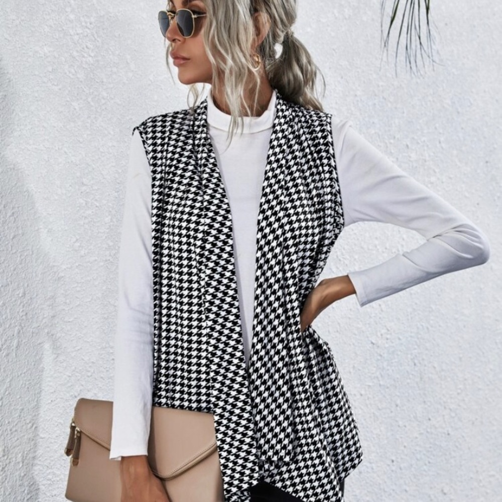 NEW Houndstooth Print Waterfall Collar Vest